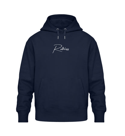 French Navy Stylisher Oversized Hoodie mit dem kraftvollen Aufdruck &quot;Ruthless&quot;, der Stärke und Durchsetzungsvermögen symbolisiert. Ideal für einen mutigen, selbstbewussten Look und für alle, die keine Kompromisse eingehen.