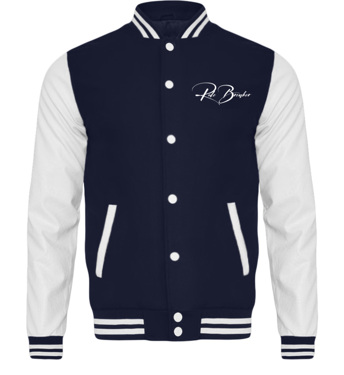 Blaue Herren College Jacke stylisch und bequem veredelt mit einem Kalligraphie Design 