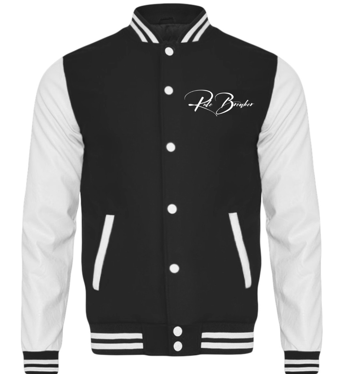 Schwarz-weiß Herren College Jacke stylisch und bequem veredelt mit einem Rule Breaker Kalligraphie Design 