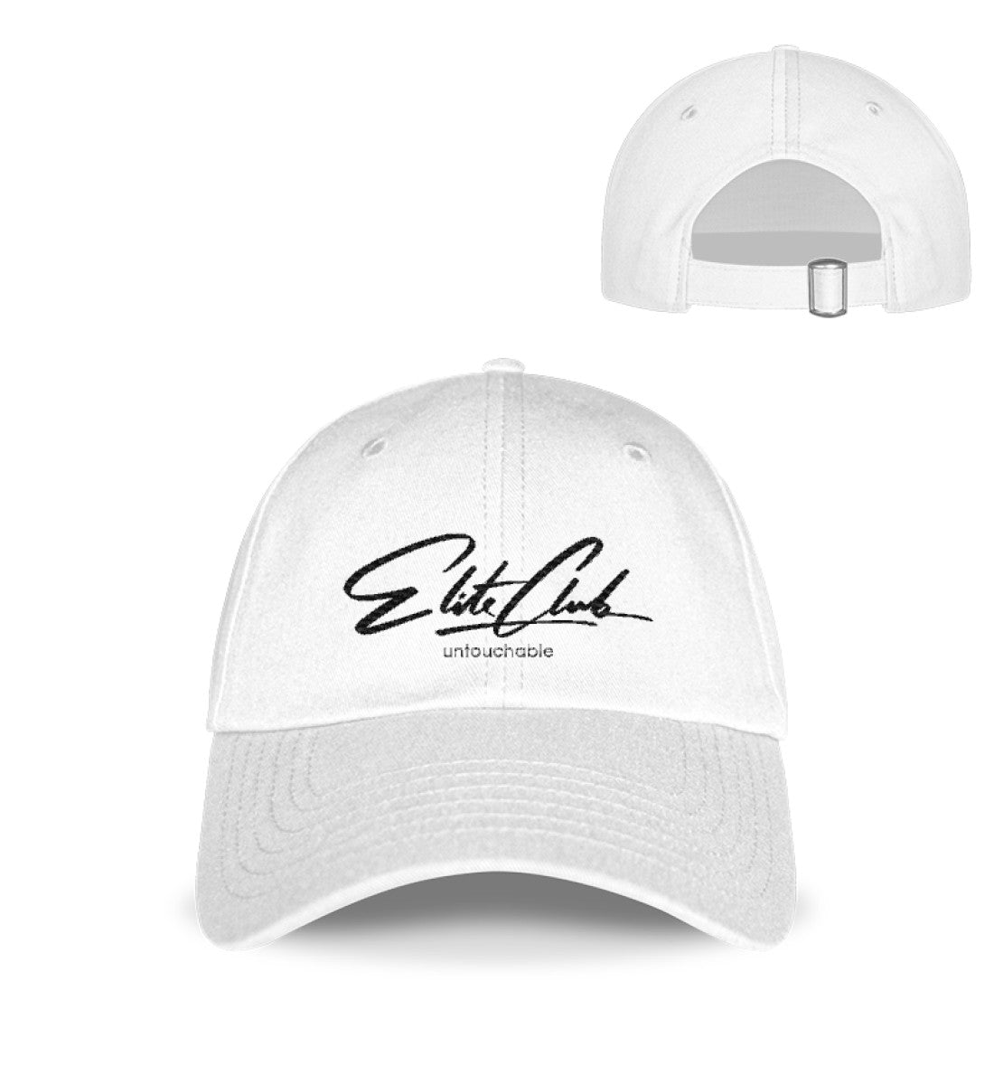 weiße Baseball Cap aus hochwertiger Baumwolle veredelt mit einem Elite Club Logo.